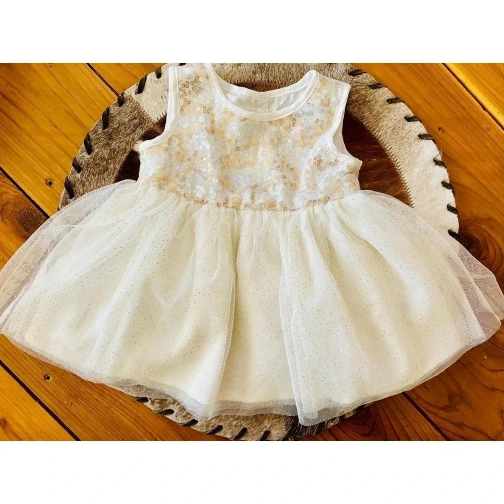 The Children's Place Party Dress Baby Girl 3-6M White Pink Gold Sequin